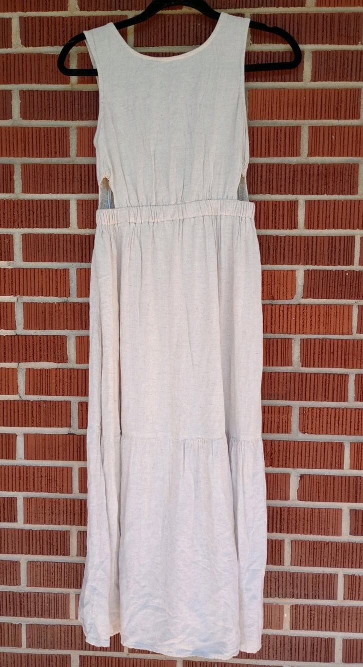 Sincerely Jules Dress Oatmeal Linen Blend Cutout Smocked Sleeveless Small...